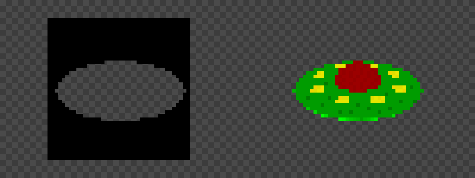 The same alien sprite twice, on a checkerboard marking transparency: on the left a solid black rectangle with an alien-shaped hole cut out of it, on the right the alien itself, correctly cut out