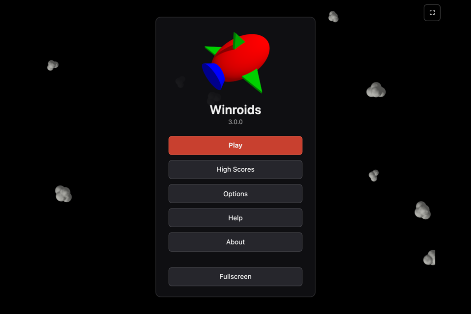 Winroids on its opening screen: the menu over ray-traced asteroids